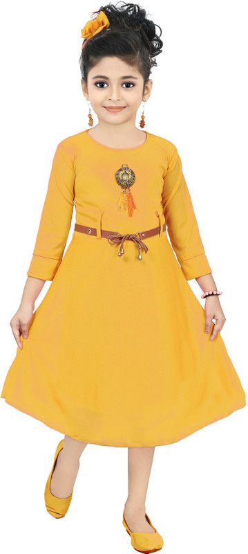 Girls Below Knee Casual Dress  (Yellow, 3/4 Sleeve)
