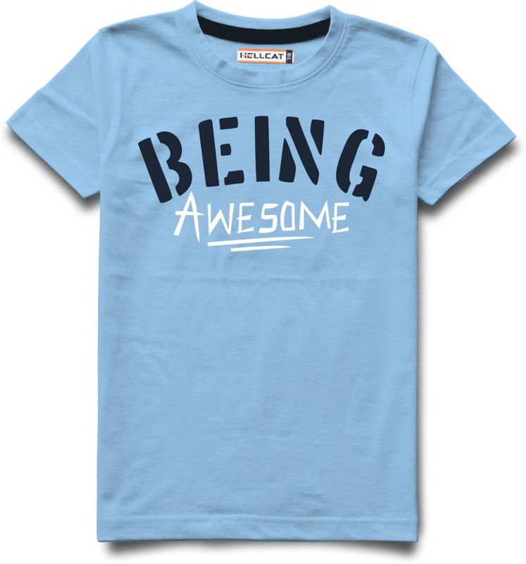 Boys Typography Cotton Blend T Shirt  (Light Blue, Pack of 1)