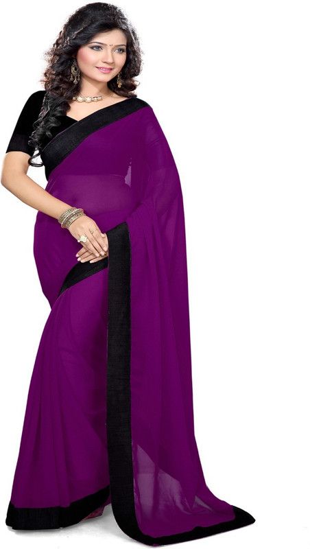 Solid/Plain Bollywood Georgette Saree  (Purple, Black)