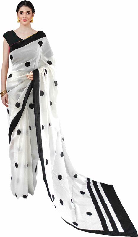 Printed, Color Block, Blocked Printed Daily Wear Pure Cotton Saree  (White, Black)