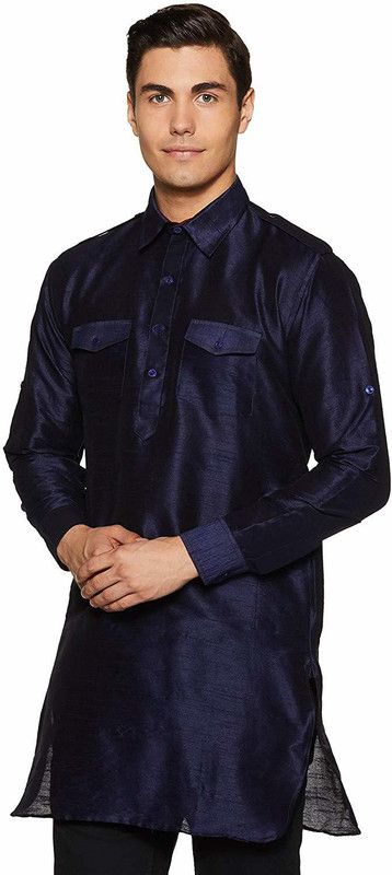 Men Solid Pure Silk Pathani Kurta  (Dark Blue)
