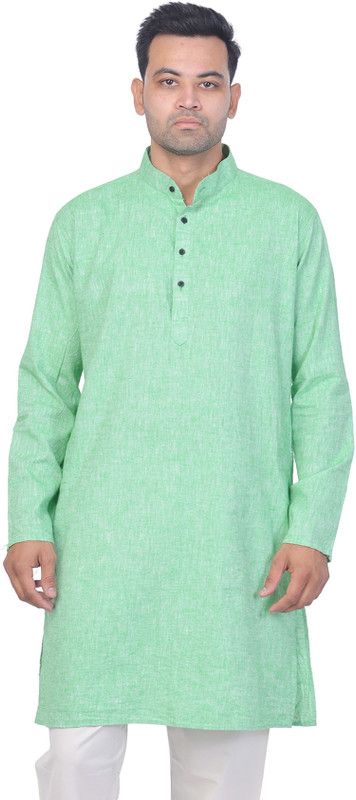 Men Self Design Cotton Linen Straight Kurta  (Green)