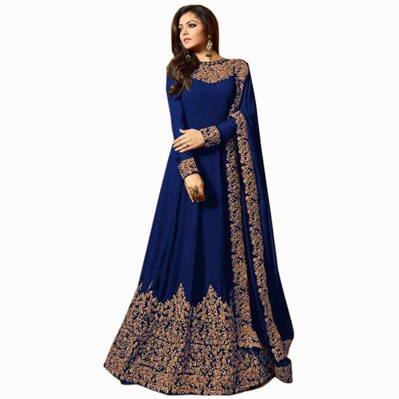 Solid Art Silk Stitched Anarkali Gown  (Blue)