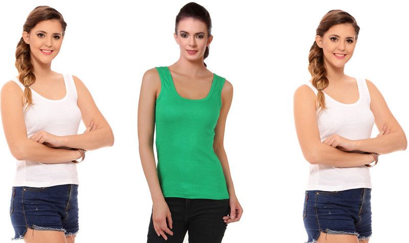 Women White, Green Tank Top/Vest