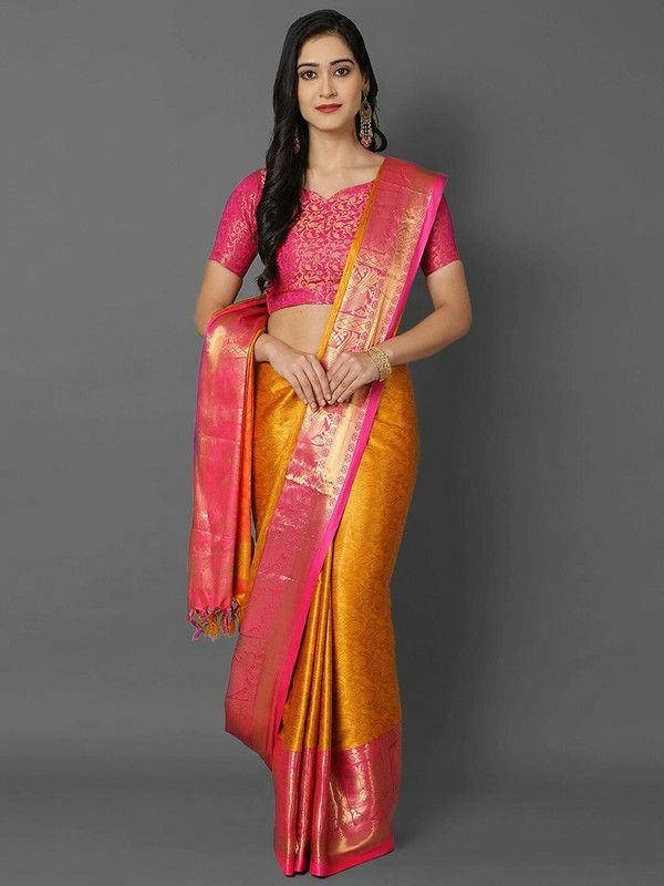 Woven Dharmavaram Cotton Silk Saree  (Gold)