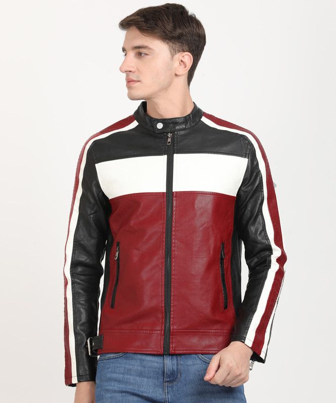 Men Striped Leather Jacket