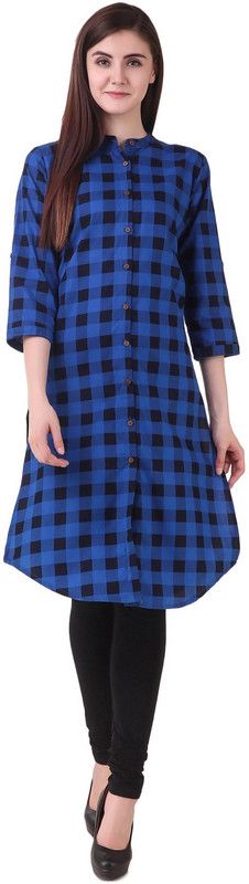 Women Checkered Pure Cotton Frontslit Kurta  (Dark Blue, Black)