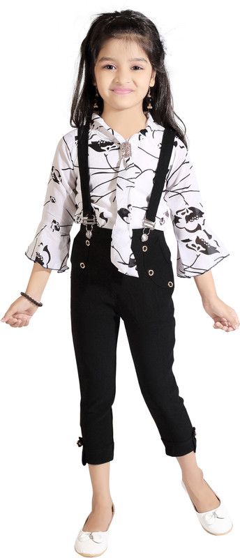 Dungaree For Girls Casual Floral Print Cotton Blend  (Black, Pack of 1)