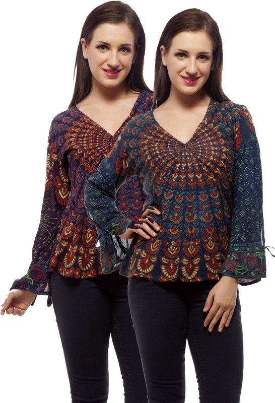 Pack of 2 Casual Regular Sleeves Printed, Floral Print Women Purple, Dark Blue Top