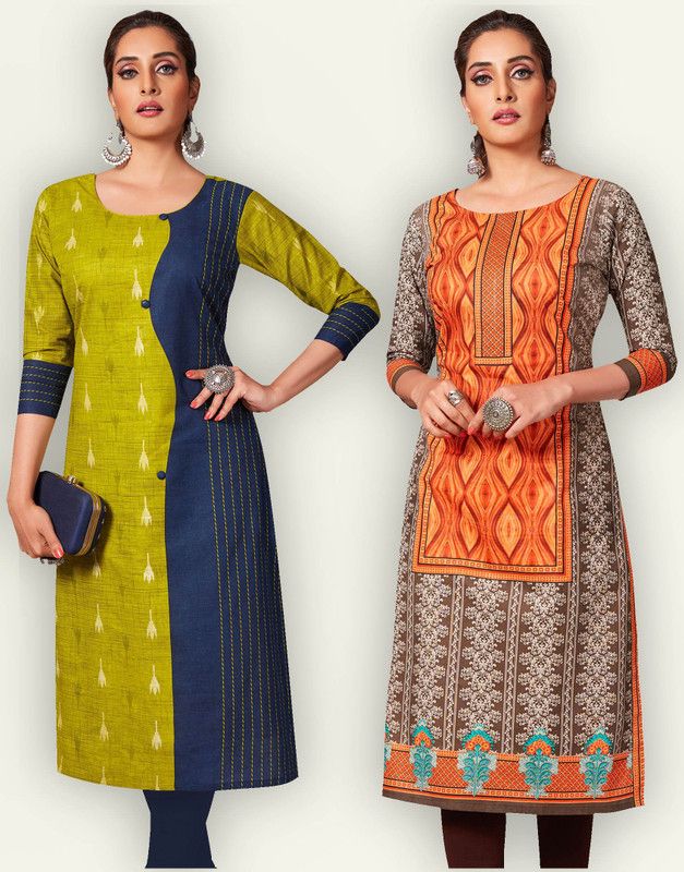 Pack of 2 Women Printed Pure Cotton Straight Kurta  (Green, Brown)
