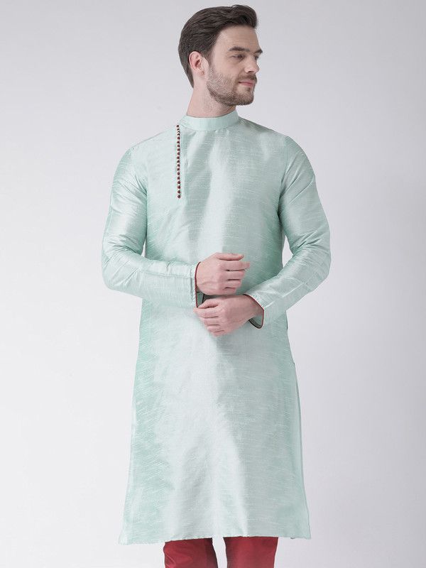 Men Solid Dupion Silk Straight Kurta  (Light Blue)