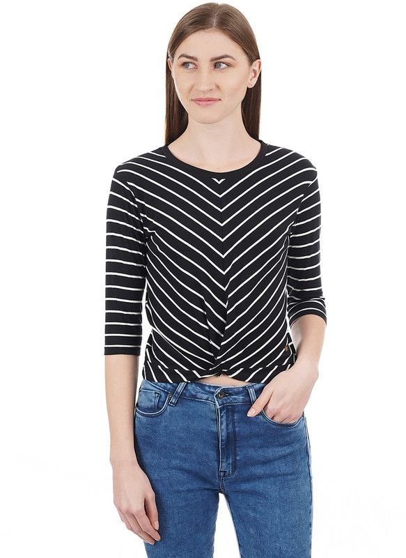 Casual Regular Sleeves Printed, Striped Women Black Top