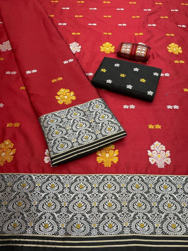 Woven Mekhela Chador Silk Blend Saree  (Maroon, Black)