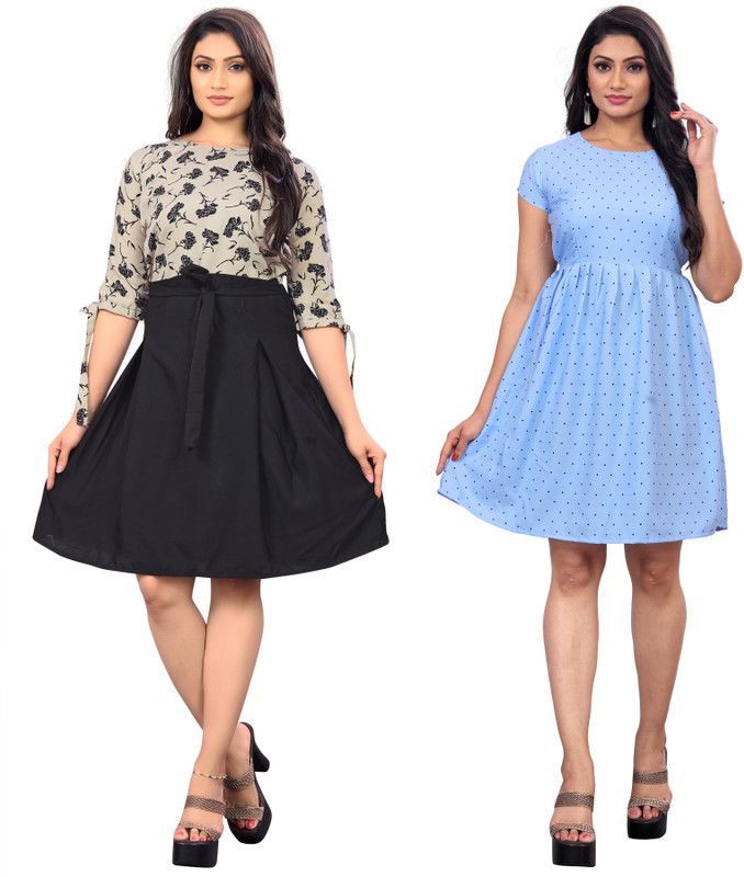 Women Fit and Flare Grey, Blue Dress