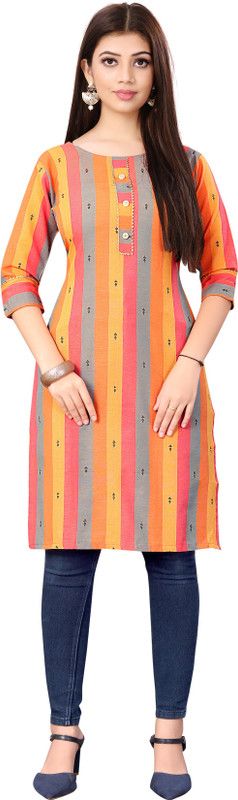 Women Solid Cotton Silk A-line Kurta  (Orange)