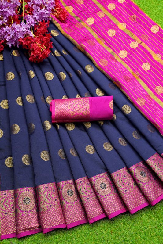 Self Design, Embellished, Woven Kanjivaram Jacquard, Silk Blend Saree  (Dark Blue)