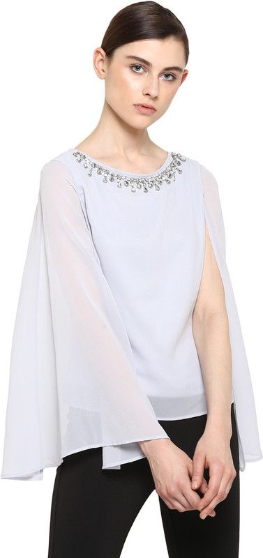 Casual Slit Sleeves Embellished, Solid Women Blue Top