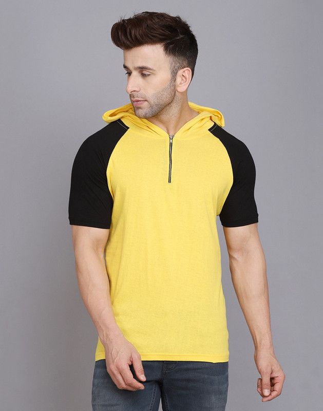 Men Colorblock Hooded Neck Cotton Blend Black, Yellow T-Shirt
