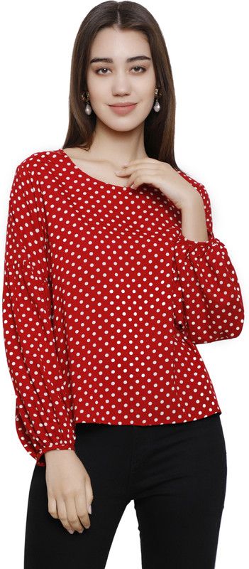 Casual Puff Sleeves Polka Print Women Red Top