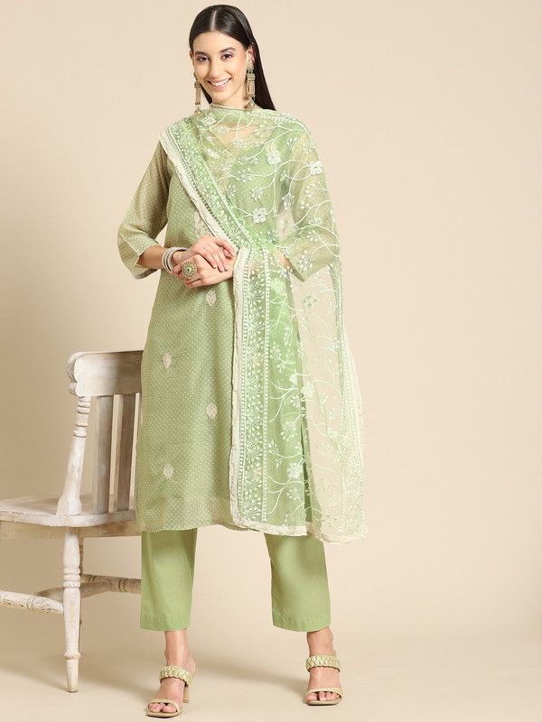 Net Embroidered Light Green, Gold Women Dupatta
