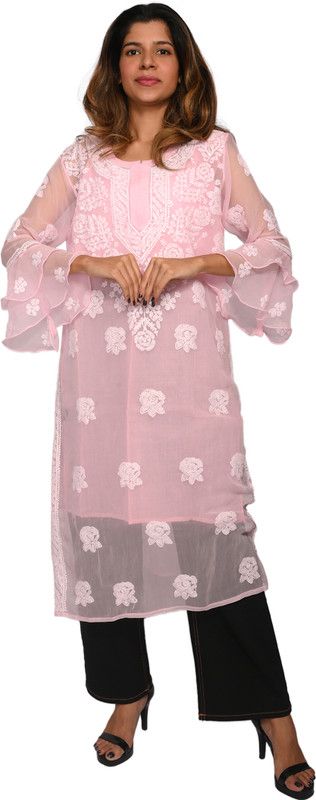 Women Chikan Embroidery Kurta  (Pink)