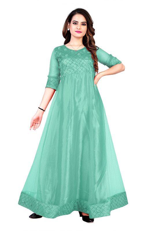 Self Design Net Stitched Straight Gown  (Light Green)
