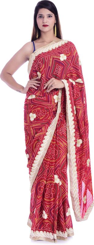 Printed Bandhani Crepe Saree  (Red)