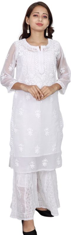 Women Embroidered, Chikan Embroidery Georgette Straight Kurta  (White)