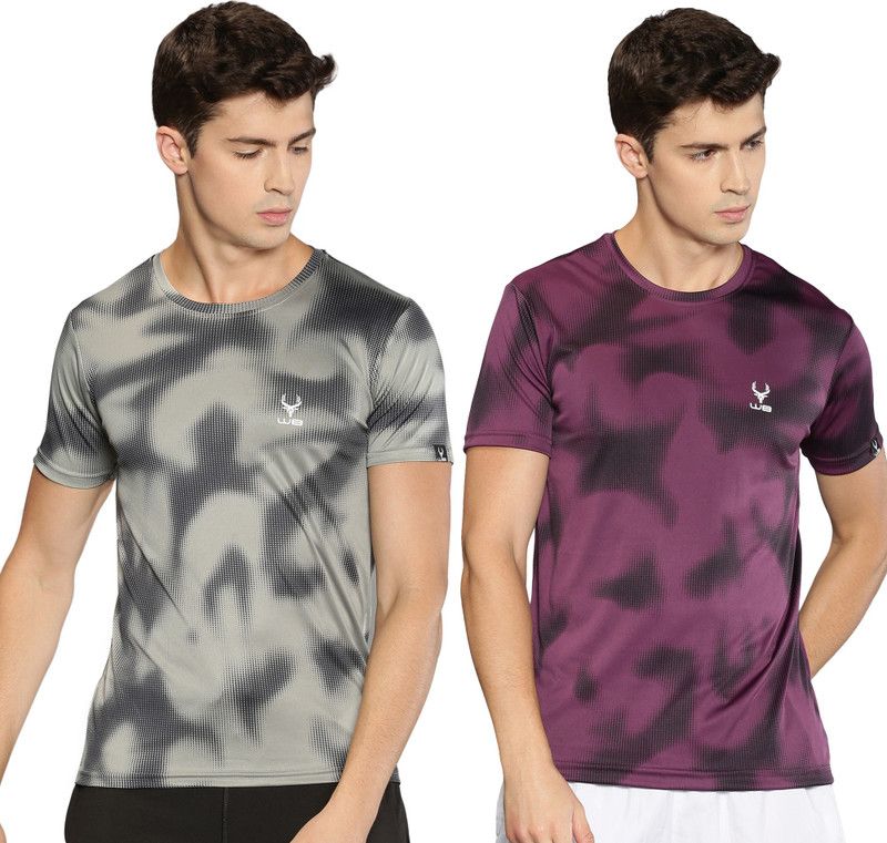 Pack of 2 Men Printed Round Neck Polyester Purple, Grey T-Shirt