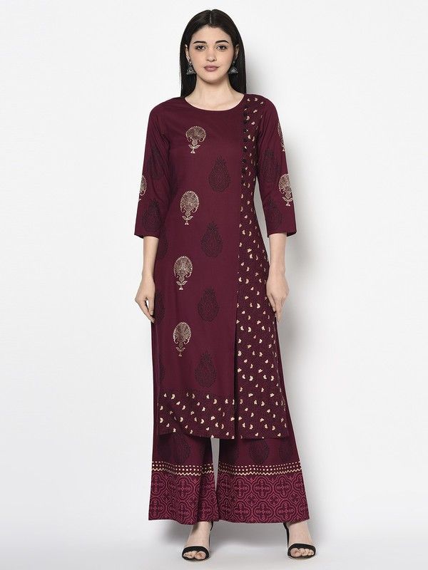 Women Printed Viscose Rayon Straight Kurta  (Gold, Maroon)