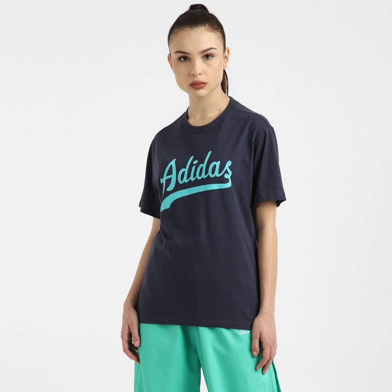 REGULAR TSHIRT Women Printed Crew Neck Pure Cotton Navy Blue T-Shirt
