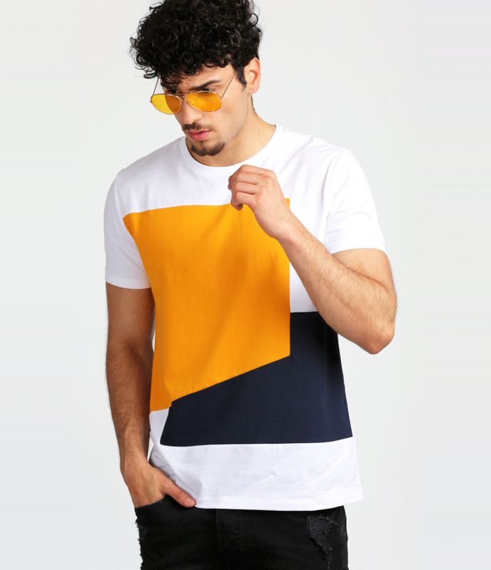 Men Colorblock Round Neck Pure Cotton White, Blue, Yellow T-Shirt