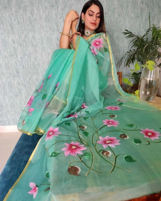 Digital Print Bollywood Organza Saree  (Dark Green)