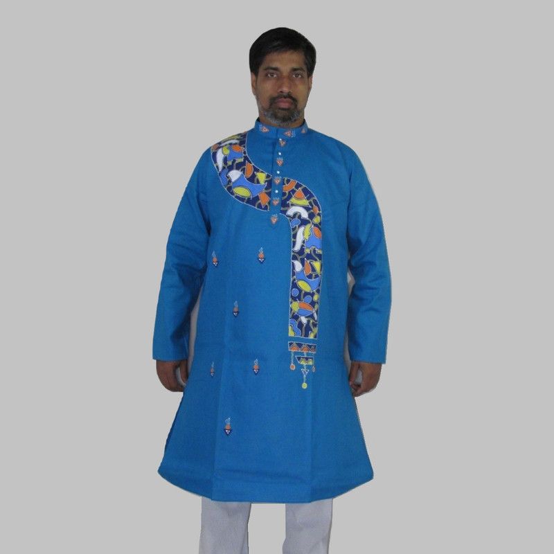 Men Patchwork Pure Cotton Straight Kurta  (Blue)