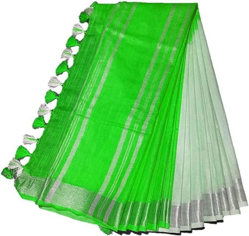 Woven Bhagalpuri Handloom Cotton Silk Saree  (Multicolor, Green)