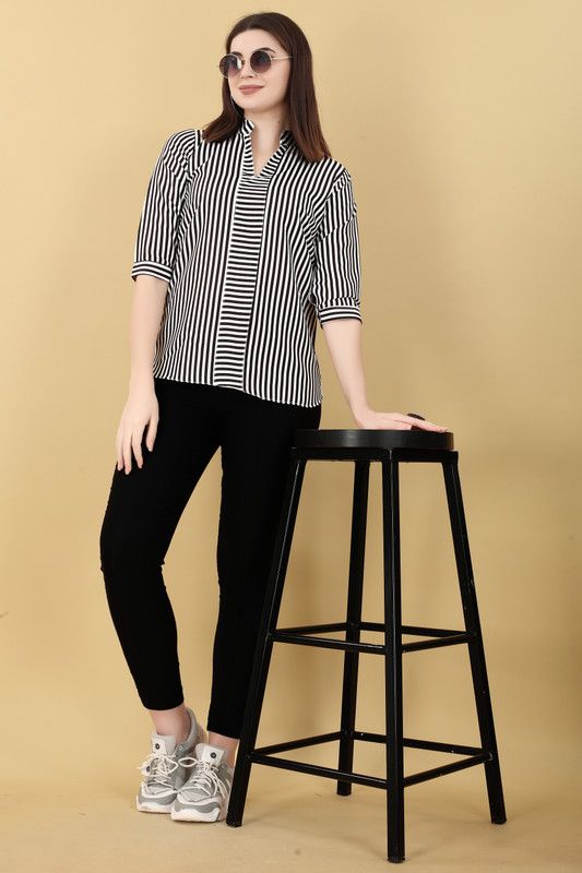 Women Regular Fit Striped Mandarin Collar Casual Shirt