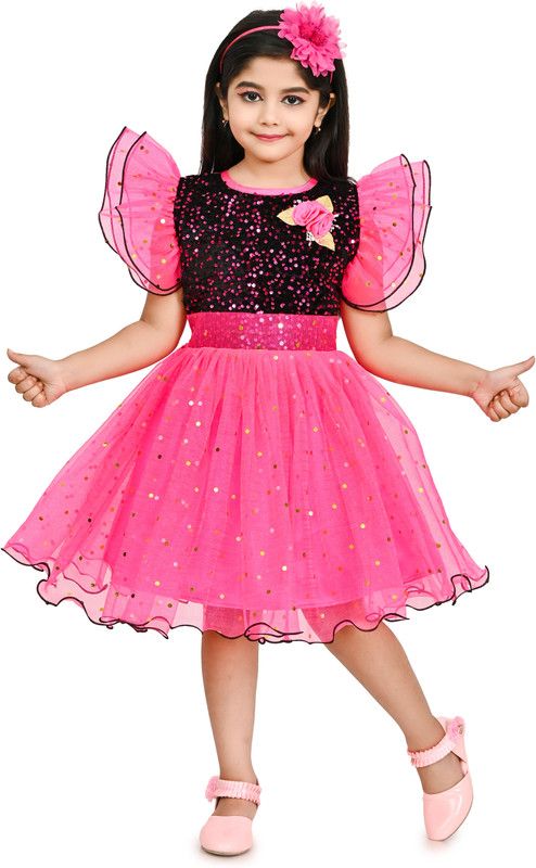 Girls Below Knee Festive/Wedding Dress  (Pink, Short Sleeve)