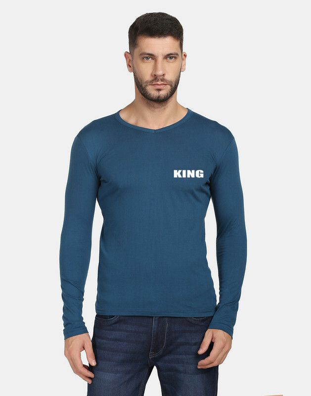 Men Printed V Neck Cotton Blend Light Blue T-Shirt