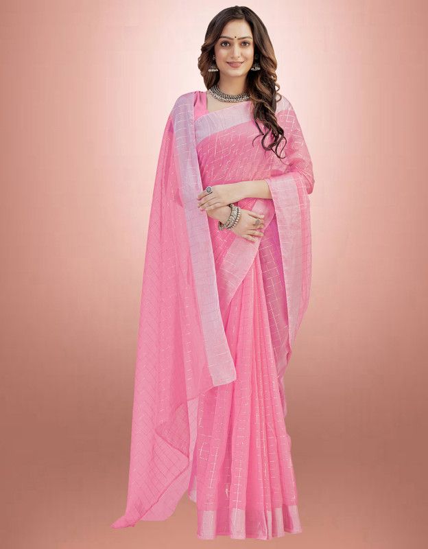 Self Design, Woven, Checkered Daily Wear Cotton Silk, Silk Blend Saree  (Pink)