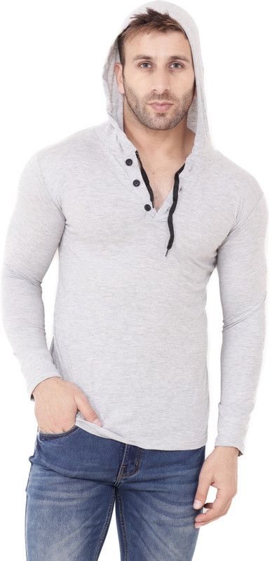 Men Self Design Hooded Neck Cotton Blend Grey T-Shirt