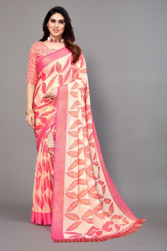 Fashion Chiffon, Brasso Saree  (White, Pink)