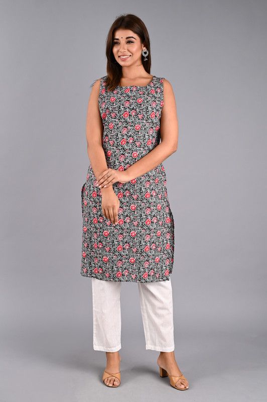 Women Floral Print Cotton Silk Straight Kurta  (Red, White, Black)