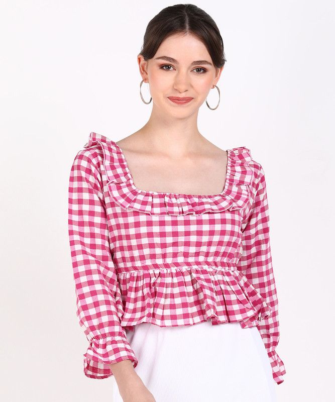 Casual Flared Sleeves Checkered Women Pink Top