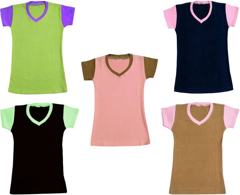 Girls Colorblock Cotton Blend T Shirt  (Multicolor, Pack of 5)