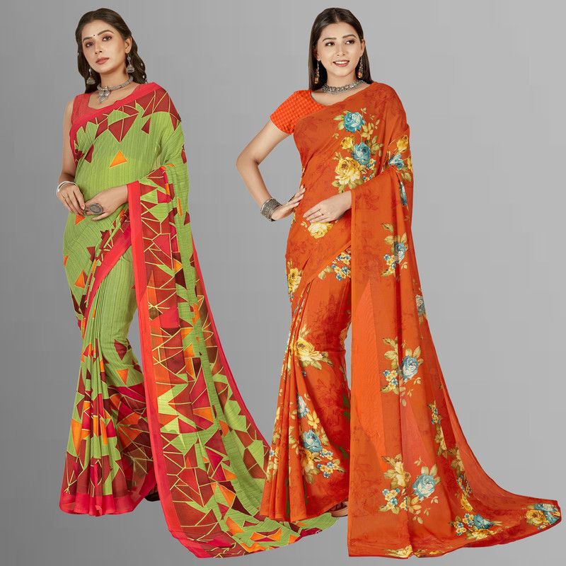 Floral Print, Paisley, Ombre, Geometric Print Daily Wear Georgette Saree  (Pack of 2, Red, Green, Orange)