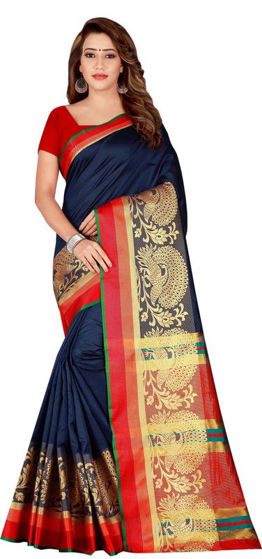 Embellished Dharmavaram Cotton Silk Saree  (Dark Blue)