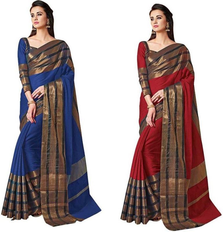 Embellished Bollywood Cotton Silk Saree  (Pack of 2, Red, Blue)