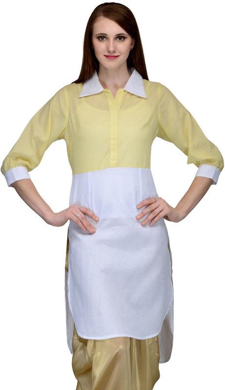 Women Solid Cotton Linen Straight Kurta  (White, Yellow)