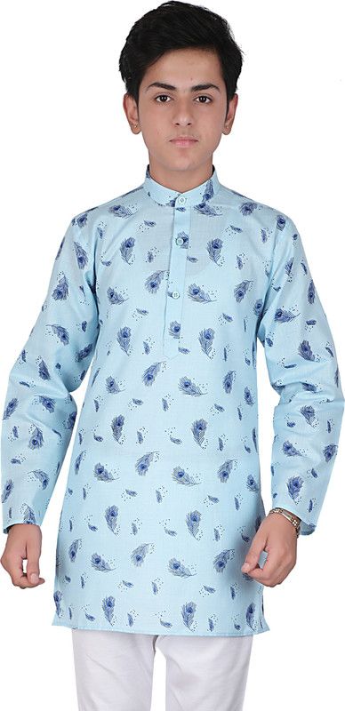 Boys Printed Pure Cotton Straight Kurta  (Light Blue)
