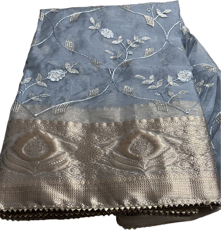 Embroidered, Woven Chettinadu Organza Saree  (Grey)